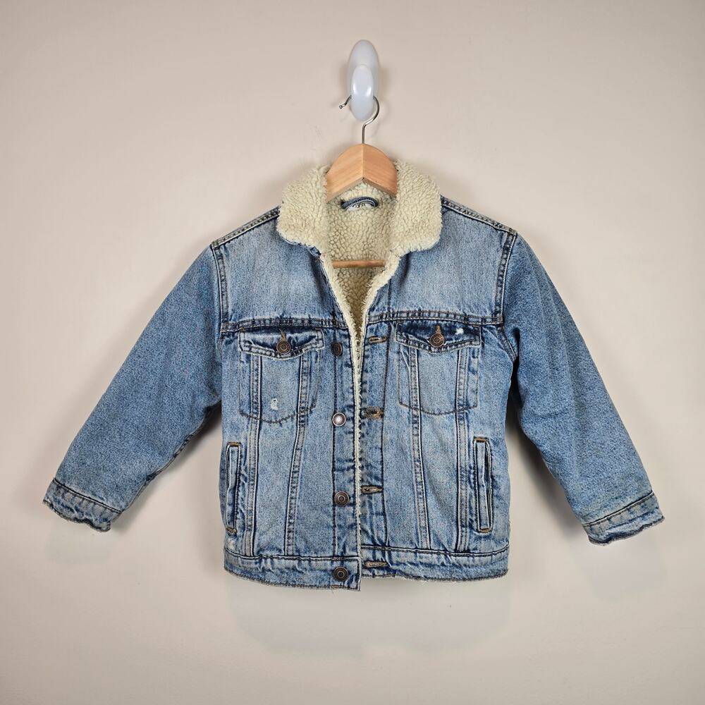 Zara Fleece Trim Denim Jacket Size 7 Sherpa Lined Pockets